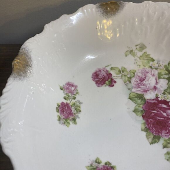 VTG Porcelain bowl red/pink roses 9” Shabby Chic Rare Gold Gilding - Picture 4 of 13